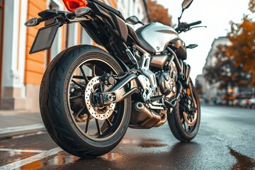 A high-shine motorcycle is parked on an empty city street at dusk, capturing the blend of urban architecture and the quiet elegance of a modern vehicle, ready for adventure.