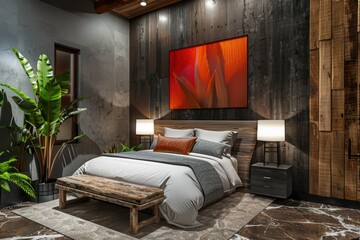 Industrial Bedroom with Wooden Decor and Greenery. Generative AI.
