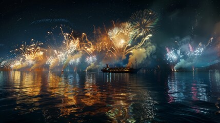 Obraz premium A fireworks barge anchored offshore, launching volleys of pyrotechnics into the air