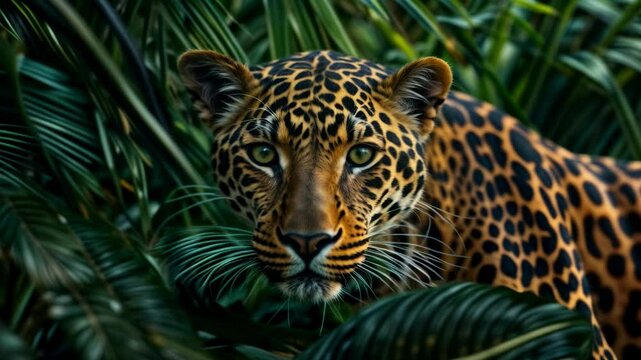 A close-up shot of a leopard lurking through thick green foliage. 4k video animation
