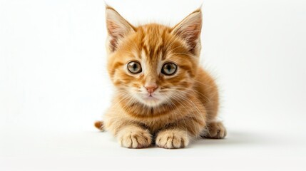 Obraz premium Curious orange kitten with big eyes lying on white background. Cute tabby cat looking directly at the camera. Perfect image for pet lovers, animal-themed blogs, and stock photo websites. AI