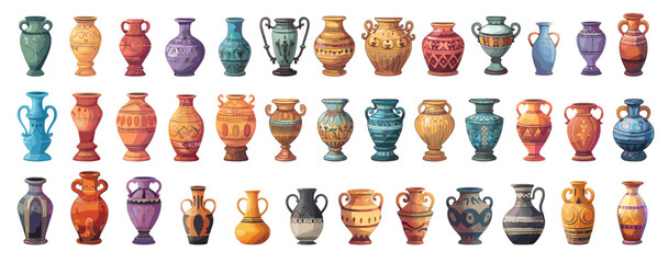 Cartoon vases and amphoras set. Ancient greek pottery, clay pots jars, ceramic amphorae vector illustration