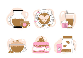 Coffee stuff set. Cappuccino and latte, Americano. Hot drinks and slice of cake and cupcake. Aroma and beverage. Coffee shop menu. Linear vector collection