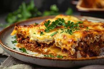 Ground beef lasagna with melted cheese and parsley on plate for menu viewing