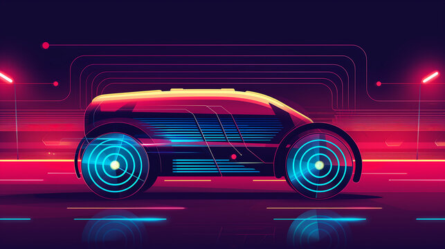 A vector illustration of an electric vehicle in the style of retro-futurism, synthwave and minimalistic design The car is depicted with glowing lines on its body and has two large wheels on each side.