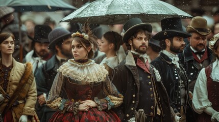 A group of extras dressed in period costumes waiting for their cue on a historical film set