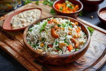 Indian comfort food with fragrant rice vegetables creamy lemon sauce cashews coriander on wooden tray