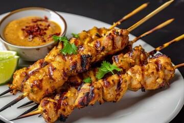 Fototapeta premium Indonesia s famous chicken satay with peanut sauce on a white plate against a black background