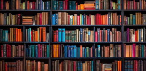 A wall of bookshelves filled with colorful books, representing the vastness and depth of knowledge in various topics. 