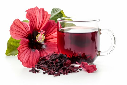 Hibiscus tea ingredients on white background