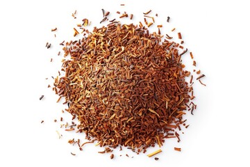 High resolution top view close up of rooibos tea on white background
