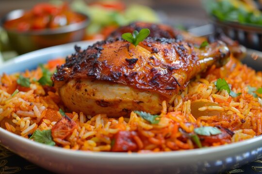 Homemade Arabian rice with tomato sauce and chicken