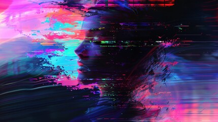 Naklejka premium Glitching Pixels: Vibrant Neon Digital Art with Distorted Effects