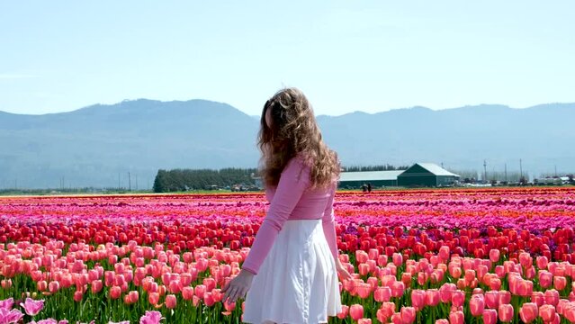 Attractive woman in a nice flowery dress walking through endless tulips field in spring. Aerial view of colorful tulips in bloom and girl. Concept: Tulips in Keukenhof gardens, Netherlands, Holland.