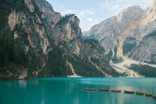 Scenic view of Lago di Braies lake in Dolomites in summer 