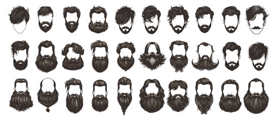 Sketch beards and mustaches set. Vintage handsome man black facial hair style for barber vector illustration