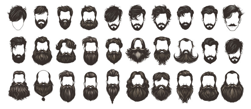 Sketch beards and mustaches set. Vintage handsome man black facial hair style for barber vector illustration