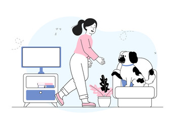 Dog gives paw. Woman trains her pet. Happy owner with friendly domestic animal. Trainer give command for puppy. Comfort at home. Linear vector illustration