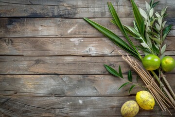 Jewish fall festival symbols on wooden background lulav etrog palm branch myrtle willow © VolumeThings