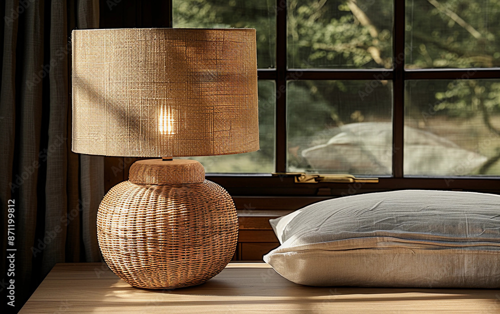 Poster a wicker lamp with a woven shade sits on a wooden table in a bedroom, with a window behind it and a 