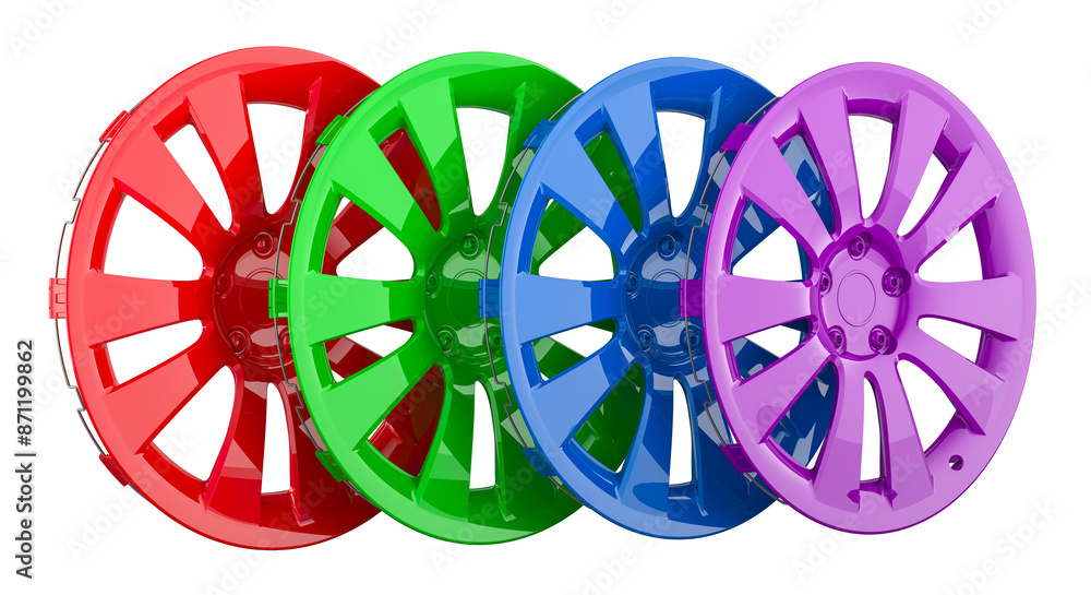 Poster colored hubcaps, wheel covers. 3d rendering isolated on transparent background