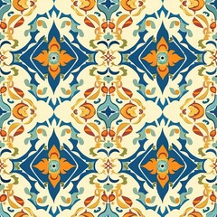 Obraz premium Seamless Moroccan tile pattern. Vintage Turkish or Islamic tile. Blue and white ornament. Mural background or wallpaper and wrapping paper. High quality AI generated image