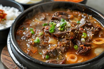 Korean beef oxtail stew soup with black bowl kimchi and green onion