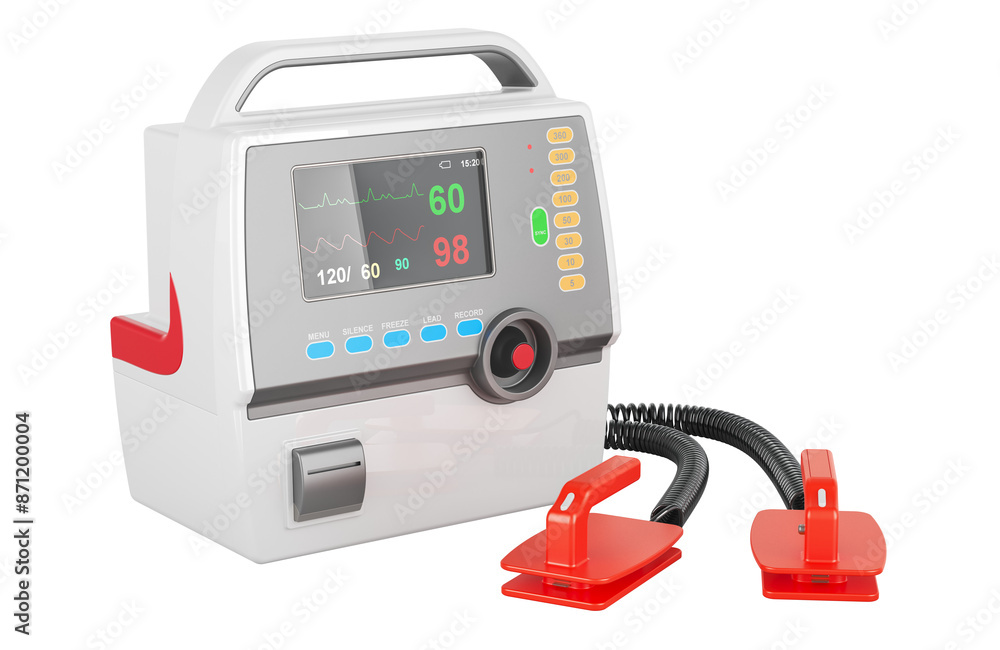 Poster automated external defibrillator, aed. 3d rendering isolated on transparent background