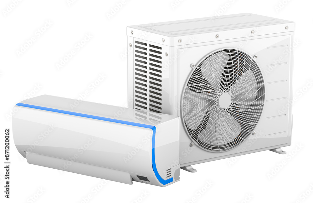 Poster split system air conditioner with indoor wall unit and outdoor compressor unit, 3d rendering isolate
