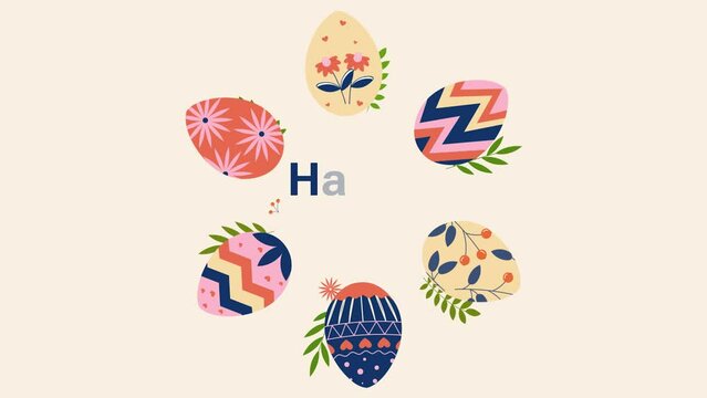 Happy Easter poster. Moving banner with colorful Easter eggs. Religious spring holiday and festival. Marketing and promotion, advertising. Greeting postcard. Cartoon animated graphics
