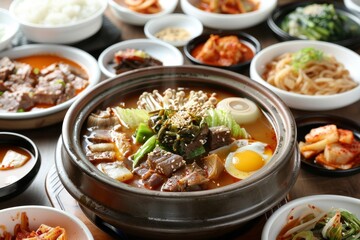 Korean food beef dishes gomtang beef tail soup boiled pork steamed side dishes salted squid kkakdugi
