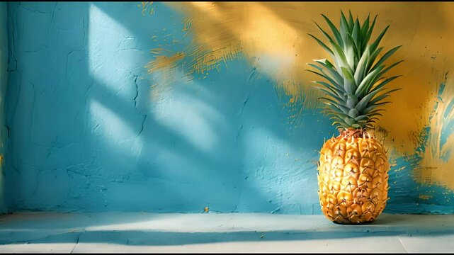 A pineapple sits on a blue wall with a yellow background. The pineapple is the main focus of the image, and it is the only object in the scene