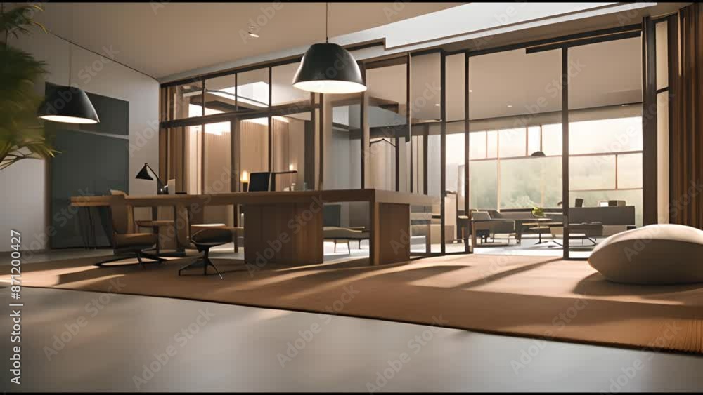 Poster a large open office space with a lot of natural light and a few potted plants. the room has a modern