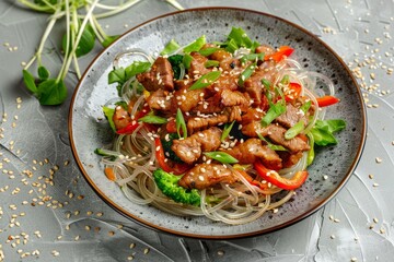 Korean style fried pig ears salad with noodles sesame seeds and green onions on gray background