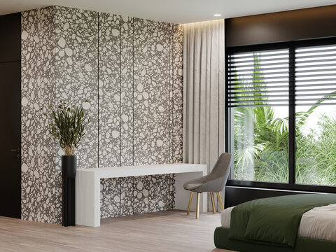 Hotel room with workplace. Table and chair - cabinet area in bedroom