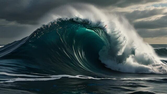 Powerful waves of ocean. Beautiful seascape. View of azure ocean and giant waves
