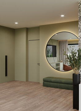 Hotel room entrance area to bedroom. Large mirror and green walls