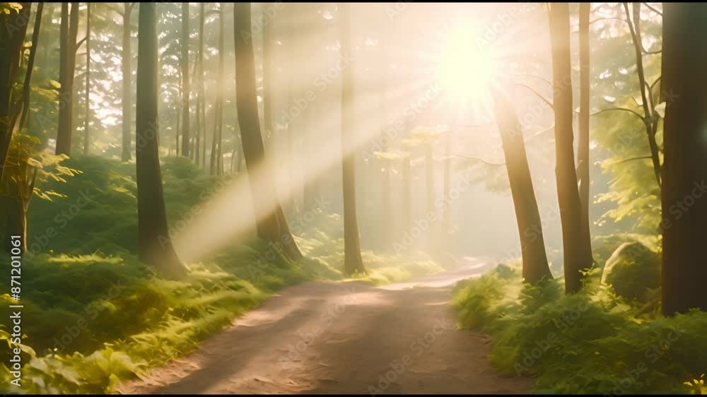 Poster a forest path with trees and a sun shining through the trees. the sun is casting a warm glow on the 