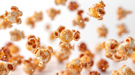 Close-Up of Floating Popcorn Kernels - Crispy and Golden Popcorn in Mid-Air - Perfect for Snack, Food, and Cinema Themes Highlighting Fun and Enjoyment