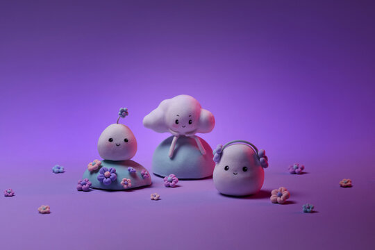 Cartoon cute clouds character with mochis and beautiful flowers