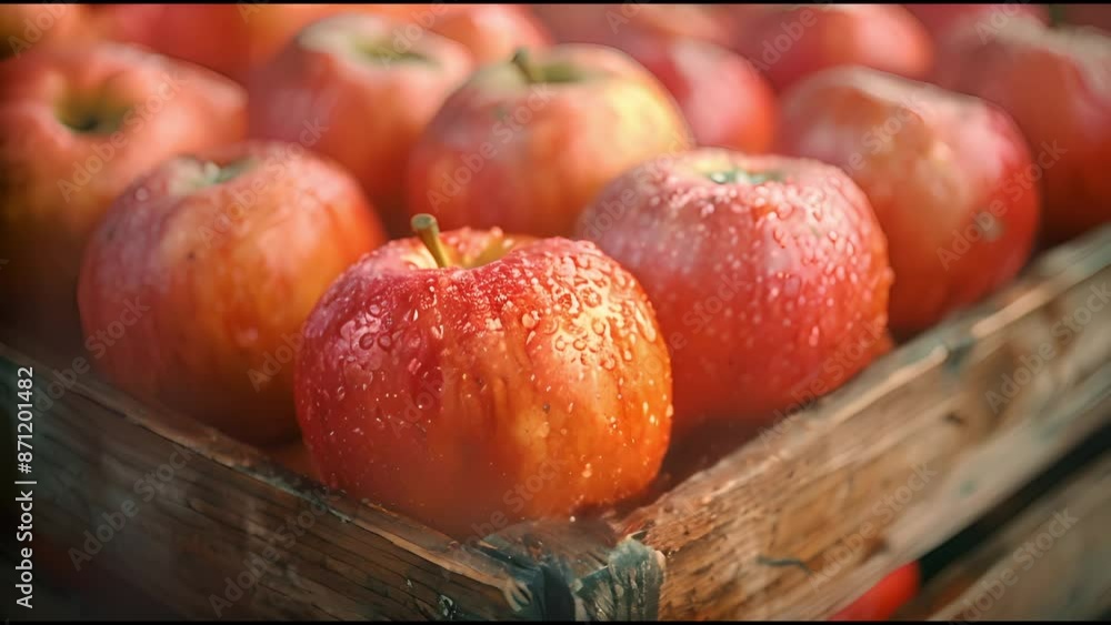 Poster a crate of apples with a few of them wet. the apples are red and shiny. the crate is wooden and has 