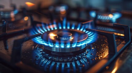 Gas stove with blue flame, close-up shot, cooking concept