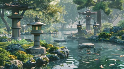 Fototapeta premium Tranquil Japanese Garden with Koi Pond and Stone Lanterns - Zen Virtual Background for Relaxation and Meditation