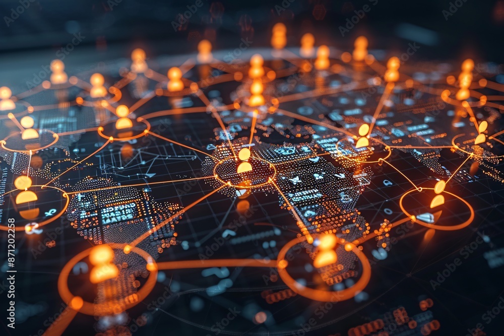 Poster global network connection with orange glowing lines