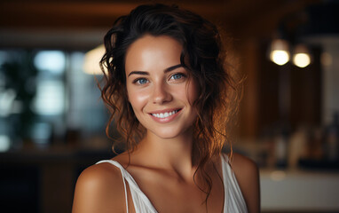 A closeup portrait of a woman with curly brown hair and blue eyes, smiling happily. She is wearing a white tank top and is standing indoors