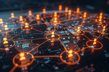 Global Network Connection with Orange Glowing Lines