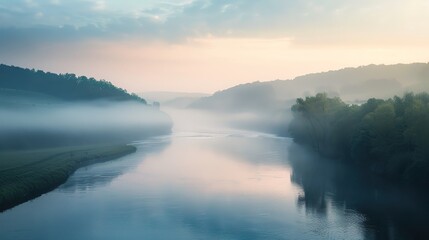 Fototapeta premium Serene Misty Morning Over Meandering River in Hilly Landscape