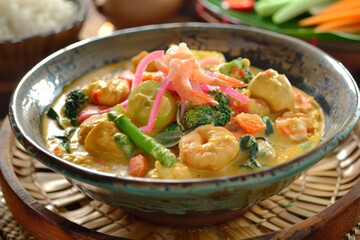 Lotek traditional Sundanese dish with pink shrimp crackers mixed vegetables in peanut sauce flavorful and healthy