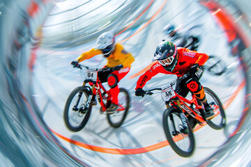 Fototapeta premium action photography of acrobatic bike riders performing a synchronized stunt inside a metal sphere at a circus