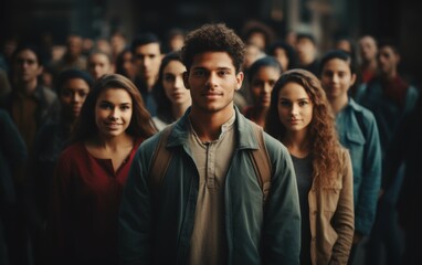Fototapeta premium A group of college students stand in a crowd, looking determined and ready for the day